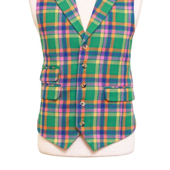 Mens Vest 44R Plaid Green Orange Blue Wool Lapel Waistcoat Formal Wedding Party - Picture 5 of 9